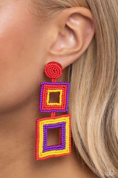 Rows of dainty red, yellow, and purple seed beads adorn the front of a layered square frame at the bottom of a matching rounded bead fitting, creating a blissfully beaded look. Earring attaches to a standard post fitting. Sold as one pair of post earrings. Yellow Rectangular Beaded Jewelry, Multicolor Square Beaded Jewelry, Multicolor Beaded Rectangular Jewelry, Bohemian Square Multicolor Jewelry, Red Vibrant Summer Jewelry, Multicolor Rectangular Beaded Earrings As Gift, Vibrant Red Jewelry With Colorful Beads, Multicolor Rectangular Jewelry For Summer, Vibrant Red Beaded Earrings