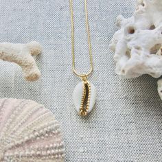 We love this fun and summery, beachy necklace. Answer the siren's song and get one for yourself or someone you love. Would make a great gift for the surfer or beach-lover in your life! A 14k gold electroplated cowrie shell dangles from a lustrous, high quality gold filled snake chain. The perfect summertime accessory! Chain length 16"✦ JEWELRY CARE ✦✧ Warm water and a soft cloth are the best thing you can do to maintain the beauty of your jewelry.✧ Jewelry polishing cloths work great and are non Dainty Shell Charm Necklace For Beach, Gold Coastal Necklace For Vacation, Coastal Style Gold Necklace For Vacation, Dainty Strand Jewelry For Beach, Dainty Strand Jewelry For The Beach, Gold Bohemian Necklace For Beach Season, Dainty Shell Jewelry For Beach, Dainty Strand Beach Jewelry, Ocean-inspired Gold Necklaces For Vacation