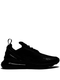 Black rubber Air Max 270 sneakers from Nike featuring a round toe, a flat sole, a pull tab at the rear, a signature Nike swoosh, a logo patch at the tongue and a lace fastening. These styles are supplied by a premium sneaker marketplace. Stocking only the most sought-after footwear, they source and curate some of the most hard to find sneakers from around the world.. Black Sneakers Women Nike, Nike Air Max270, Black Running Shoes Aesthetic, All Black Shoes Sneakers, Black Nike Sneakers Women, 16th Wishlist, Tigger Outfit, Nike Black Shoes, Shoes Nike Black