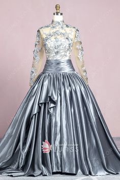 gray 3d flowers illusion top satin ball gown prom dress Fancy Prom Dress, Fancy Prom Dresses, Ball Gown Prom Dress, Custom Made Prom Dress, Illusion Top, Dress Quinceanera, Satin Ball Gown, Dress Train, Top Satin