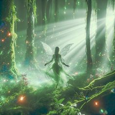 a fairy is standing in the middle of a forest with bright lights shining down on her