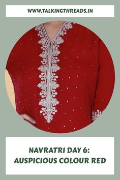 Red traditional outfit with intricate white embroidery, promoting Navratri Day 6 auspicious color.