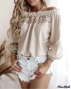 Olivia Mark - Off Shoulder Top With Ruffle Hem And Lantern Sleeve Lace Patch Blouse Dress Pattern, Lantern Sleeve Top, Legging Sport, Off Shoulder Fashion, Lace Top Long Sleeve, Blouse Material, Lantern Sleeve, Lace Shirt, Off Shoulder Tops