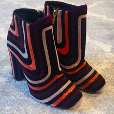 Salvatore Ferragamo Black & Multicolor Velvet Striped Ankle Boots New Never Used Without Box Multicolor Round Toe Evening Boots, Multicolor Round Toe Boots For Evening, Chic Multicolor Pointed Toe Boots, Chic Multicolor High Heel Boots, Chic Multicolor Boots For Fall, Chic Multicolor Leather Boots, Salvatore Ferragamo Shoes, Ferragamo Shoes, Salvatore Ferragamo