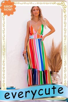 Crochet Insert Multicolor Striped Maxi Dress Multicolor Summer Maxi Dress With Color Block, Multicolor Color Block Maxi Dress For Vacation, Chic Multicolor Color Block Maxi Dress, Spring Beach Color Block Maxi Dress, Multicolor Color Block Dress For Summer, Bohemian Color Block Summer Dress, Summer Beach Color Block Maxi Dress, Summer Bohemian Color Block Dresses, Chic Color Block Beach Dresses