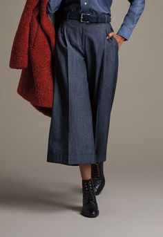 Wool & Cotton Denim Culotte Fall Wide-leg Jeans, Fall Wide Leg Pants With Welt Pockets, Chic Cotton Wide Leg Pants For Fall, Elegant Denim Jeans For Fall, Elegant Jeans For Fall, Chic Wool Straight Leg Bottoms, Tailored Wool Pants For Spring, Spring Wool Bottoms With Welt Pockets, Denim Wide Leg Pants For Work