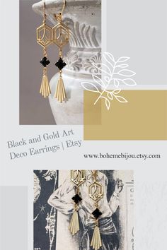 Classic Deco Assemblage Earrings for 1920s Flapper Style Art Deco Dangle Earrings For Vintage Events, Art Deco Jewelry For Vintage Events, Art Deco Earrings For Vintage Events, Flapper Jewelry, Black And Gold Art Deco, Black And Gold Art, Gold Art Deco Earrings, Jewelry Assemblage, Art Deco Drop Earrings