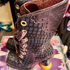 These Boots Are Amazing And Fit Size 9. They Have Velvet Shoelaces That Can Be Tightened Or Loosened. The Heel Is Round So It Creates More Stability For Walking. They Have Purple Dragon Scales On The Outside Of The Boots And Come With An Amazing Box With A Dragon On It! So Adorable Irregular Choice Shoes, Purple Dragon, Dragon Scales, Irregular Choice, Dragon Scale, A Dragon, So Adorable, Purple Gold, Scales