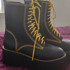 Black And Yellow Boots Size 6 Never Worn Black And Yellow Rave Outfit, Yellow Lace-up Platform Boots, Yellow Boots For Streetwear, Yellow Platform Boots For Fall, Yellow Synthetic Boots With Round Toe, Yellow Platform Lace-up Boots, Yellow Round Toe Synthetic Boots, Yellow Leather Platform Boots With Round Toe, Yellow Synthetic Round Toe Boots