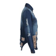 Navy Blue Spliced Leopard Patches Denim Jacket Denim Jacket With Patches Long Sleeve, Denim Jacket With Patches And Long Sleeves, Medium Wash Patchwork Denim Jacket, Blue Denim Patchwork Top, Denim Blue Patchwork Denim Jacket, Denim Blue Patchwork Denim Top, Denim Blue Jacket With Patchwork, Blue Patchwork Denim Top, Denim Blue Denim Jacket With Patchwork