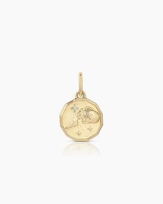 A sophisticated way to wear your star sign, this beautifully detailed 14k solid gold charm features your astrological sign symbol and name on its reverse. Pair it with a solid gold chain necklace or bracelet.  Diamond Zodiac Coin Charm in 14k Solid Gold, Women's by gorjana Symbolic Yellow Gold Jewelry With Zodiac Sign, Symbolic Yellow Gold Zodiac Jewelry, Yellow Gold Zodiac Sign Pendant Jewelry, 14k Gold Zodiac Sign Medallion Jewelry, 14k White Gold Zodiac Sign Jewelry, 14k Gold Celestial Zodiac Jewelry, 14k Gold Zodiac Sign Jewelry, 14k Gold Zodiac Sign Fine Jewelry, Symbolic 14k Yellow Gold Charms