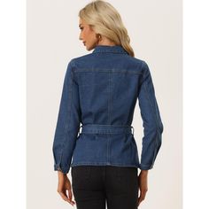 Allegra K Casual Denim Jacket for Women's Button Up Long Sleeve Washed Jean Jackets with Belt. Designed with a vintage concept and a comfy casual touch for daily wear, this denim jacket can be worn for all occasions. A refined turn-down collar and waist belt, accentuate the elegance of this solid denim jacket, and can easily meet your need. You can pair it with a cute dress, jeans, casual pants, and skinny pants all year and the fit and look is casual. Trendy Denim Outerwear With Lapel Collar, Denim Blue Long Sleeve Utility Jacket With Flap Pockets, Casual Medium Wash Outerwear With Lapel Collar, Medium Wash Casual Outerwear With Lapel Collar, Denim Blue Utility Jacket With Flap Pockets, Casual Denim Jacket With Lapel Collar And Button Closure, Denim Blue Single-breasted Outerwear With Lapel Collar, Denim Blue Single Breasted Outerwear With Lapel Collar, Casual Medium Wash Denim Jacket With Lapel Collar