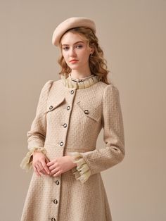 Elegant Beige A-line Vintage Dress, Cream A-line Winter Dress, Elegant Long Sleeve Winter Dress, Elegant Spring Wool Dress, Luxury Tweed Party Dress For Fall, Elegant Long Sleeve Vintage Dress For Party, Winter Feminine Dresses With Ruffles, Feminine Ruffled Winter Dresses, Feminine Winter Dresses With Ruffles