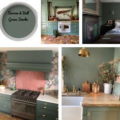 the kitchen is painted in green and has gold trimmings on the stove top