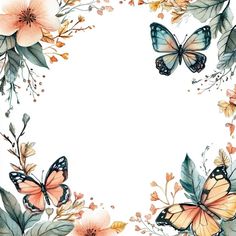 watercolor painting of butterflies and flowers on a white background