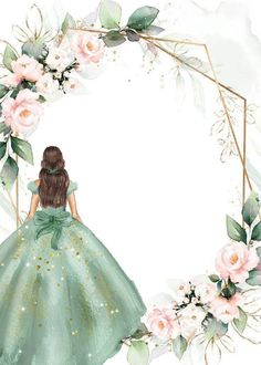 a watercolor painting of a girl in a green dress surrounded by flowers and greenery