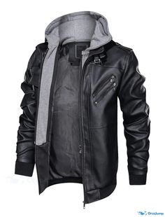 OrcaJump - Mens Faux Leather Biker Jacket with Thermal Warmth, Waterproof Rain Protection, High Collar, Solid Color Outerwear in Red Mens Leather Jacket Motorcycle, Pilot Leather Jacket, High Collar Jacket, Faux Leather Jacket Men, Distressed Leather Jacket, Waterproof Rain Jacket, Leather Jacket With Hood, Rain Protection, Faux Leather Biker Jacket