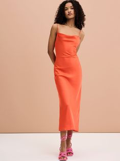 The Riviera in Orange. Featuring a cowl neck with lace up back detailing, in 100% silky soft recycled fabric. Enjoy. Slim Dresses, Polyester Satin, Affordable Clothes, Recycled Fabric, Dusty Pink, Satin Fabric, Cowl Neck, Dress Length, Lace Dress