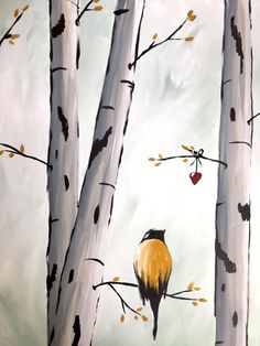 a painting of a bird perched on a tree branch