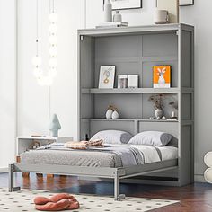 a bedroom with a bed, book shelf and rug