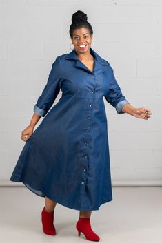 Denim Shirt Dress 1 piece Button Down Dress Colors: Dark Denim Sizes: One Size Fit up to 2X Denim Blouse Outfits, Denim Shirt Dress Outfit, Denim Kurti, Dress Upcycle, Denim Outfit Ideas, Shirt Dress Fall, Denim Aesthetic, Fancy Gown, Denim Duster