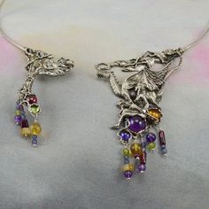 Dragon & Maiden A Quest's Beginning Fantasy Necklace by MysticSwan Silver Fusion Necklaces With Artistic Design, Unique Handmade Necklaces For Fantasy Events, Silver Bohemian Jewelry For Fantasy Events, Silver Necklaces With Gemstone Accents, Unique Silver Necklaces With Gemstone Accents, Handmade Fantasy Sterling Silver Necklace, Handmade Silver Fantasy Necklace, Handmade Sterling Silver Fantasy Necklace, Fantasy Amethyst Silver Jewelry