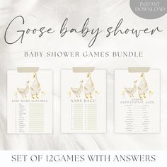 the baby shower game is shown with two chickens and one bird on it's back