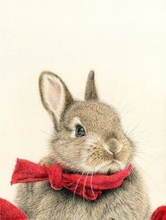 a drawing of a rabbit with a red bow tie around its neck, sitting in front of a white wall