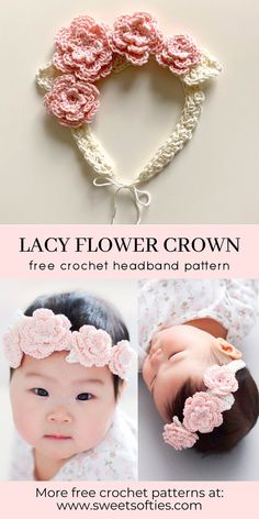 the lacy flower crown is made from crochet headbands and features pink flowers