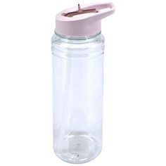 a glass jar with a pink lid and a plastic straw sticking out of the top