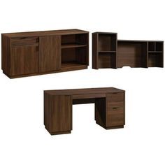 three pieces of office furniture including a desk, bookcase and file cabinet with doors