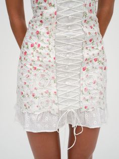 Baela Corset Mini Dress — White | For Love & Lemons Fitted Lace Trim Corset Dress For Summer, Fitted Summer Corset Dress With Lace Trim, Summer Fitted Corset Dress With Lace Trim, Feminine Fitted Corset Dress For Spring, Fitted Floral Print Corset Dress, Feminine Mini Corset Dress For Spring, Spring Feminine Mini Corset Dress, White Fitted Corset Dress For Spring, Feminine Floral Print Corset Dress For Garden Party