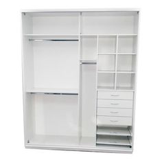 an open white closet with drawers and shelves on the bottom shelf is shown against a white background