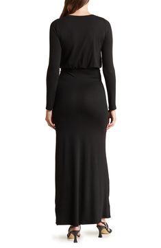 A blouson-style bodice and side slits add dimension and movement to the otherwise sleek silhouette of this effortlessly elegant maxi dress in stretchy jersey. Crewneck Long sleeves Side slits Unlined 90% modal, 10% spandex Hand wash, dry flat Made in the USA of imported fabric Elastane Maxi Dress, Solid Elastane Maxi Dress, Solid Color Elastane Maxi Dress, Versatile Fitted Maxi Dress, Black Fitted Versatile Maxi Dress, Fitted Black Versatile Maxi Dress, Fitted Black Maxi Dress Versatile Style, Sleek Stretch Maxi Dress, Sleek Stretch Elastane Maxi Dress