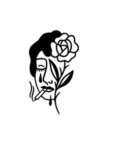 a black and white drawing of a woman's face with a flower in her hair