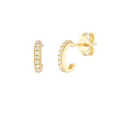 14K Yellow Gold 1/10ctw Diamond J-Shaped Huggie Earrings - Women. A timeless classic in any womans wardrobe our 14 karat Huggie earrings exude a high polish quality that will punctuate any outfit. These earrings are perfectly crafted for accentuating facial features and simple enough to go with any style without being distracting. An easy to open/close post and butterfly closure makes for quick application and removal. 18 Diamonds (9 on each earring). Size: one size.  Gender: female.  Age Group: Timeless Yellow Gold Earrings With Pave Setting, Classic Yellow Gold Cubic Zirconia Huggie Earrings, Classic Gold Earrings With Pave Setting, Classic Yellow Gold Huggie Earrings With Cubic Zirconia, Classic Yellow Gold Earrings With Pave Setting, 14k Yellow Gold Diamond Earrings With Pave Setting, Fine Jewelry Yellow Gold Diamond Earrings With Pavé Setting, Yellow Gold Diamond Earrings With Pave Setting, Elegant 14k Gold Huggie Earrings With Single Cut Diamonds