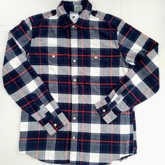 Nwot Gap Blue Plaid Flannel Standard Fit Button Down. Soft Flannel W/ Large Checkered Navy Blue & White Plaid Print W/ Red Stripes. Button Down Dress Shirt With Double Button Cuffs. Two Chest Patch Pockets. Warm, Double-Sided Brushed Flannel. Long Sleeves With Button Cuffs. Point Collar. Button Front. Shirttail Hem. 100% Cotton Button Up Flannel Jacket, Cozy, Warm, Winter, Lumber Jack, Unisex, School, College, Collegiate, Red, Stripe, Print, White, Grey, Checkered, Print, Cotton, Stretch, Gap Tops With Button Closure And Spread Collar, Gap Top With Button Closure And Spread Collar, Blue Flannel Shirt For Fall, Blue Flannel Shirt With Buttons For Winter, Blue Buttoned Flannel Shirt For Winter, Winter Blue Buttoned Flannel Shirt, Winter Blue Buttoned Shirt, Winter Blue Shirt With Buttons, Plaid Cotton Shirt With Button Closure