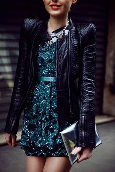 Toughen up a gem-tone sequin dress with a tough leather jacket and bold red lip Zoya Nail, Holiday Party Outfit, Inspired Fashion, Holiday Fashion