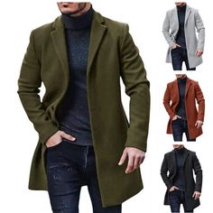 men's long coat with pockets and buttons on the front, in different colors