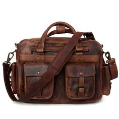 Vintage Waxed Finish Laptop Bag For Business, Vintage Leather Lined Laptop Bag For Travel, Classic Rectangular Briefcase With Leather Trim, Vintage Brown Leather Satchel With Brass Hardware, Leather Satchel In Vintage Brown With Brass Hardware, Vintage Oiled Leather Rectangular Satchel, Classic Travel Laptop Bag With Waxed Finish, Travel Satchel Briefcase With Brass Hardware, Brown Leather Briefcase With Brass Hardware