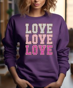 * Our unisex cozy sweatshirts & tees are soft and durable! * Ships within 1 business day! * Shop with Confidence! We are a 5-Star Rated Shop! * Easy measuring tip: Take your favorite sweatshirt or tee, lay it on a flat surface and measure the width (armpit to armpit) and length (top to bottom), then compare with our size chart! * Unisex, classic fit, preshrunk, poly/cotton blend. (both tees & sweatshirts) } Handmade } Ships from Texas! Shorter shipping distances are  kinder to the planet - This design will be made with DTF. - If you want to add or change anything on the existing design that we show in the display picture, please contact with the seller from message box to ask if the changes and additional request can be done or not, if you do not ask and request for it without asking in th Valentines Sweater, Valentines Day Sweatshirt, Love Valentines Day, Chenille Patch, Display Picture, Message Box, Love Love Love, Love Shirt, Cozy Sweatshirts