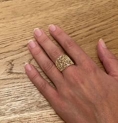 "Artisan design 14k solid yellow gold Filigree Lace design ring set with 18 sparkling 1.00mm diamonds. Description: ✤ This ring is made to order ✤ This ring is handmade from start to finish in Our workshop, DaninoDesigner. ✤ Made Of 14K Yellow Gold, Diamonds. ✤ 18 1.00mm diamonds ✤ Total carat weight of 0.09ct ✤ Ring length: 1.9cm / 0.74'' ✤ Ring Size: Choose at checkout - or contact me for custom requests ✤ PACKAGING: Every order is shipped with our luxury jewelry packaging. Perfect for gift gi Elegant Wide Band Jewelry With Rose Cut Diamonds, Formal Gold Wide Band Ring With Single Cut Diamonds, Elegant Wide Band Rose Cut Diamond Jewelry, Gold Jewelry With Single Cut Diamonds Wide Band, Luxury Filigree Diamond Ring, Gold Filigree Open Ring For Anniversary, Luxury Gold Rings With Rose Cut Diamonds, Gold Jewelry With Intricate Design And Wide Band, Luxury 14k Gold Ring With Intricate Design