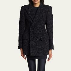 Balenciaga boucle coat Peak lapels; double-breast Long sleeves; button cuffs Hip flap pockets Hourglass fit Short length Wool/nylon/polyamide/polyester Made in Italy Hourglass Coat, Twill Coat, Boucle Coat, Balenciaga Black, Trench Coat Black, Long Sleeves Coats, Top Coat, Black Coat, Wool Coat