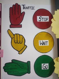 several stickers with different types of hand gestures and words on them, including stop, wait, go