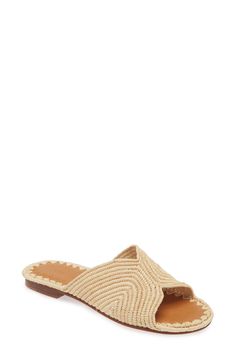 Beachy raffia with a wavy design adds interest to a leather-footbed sandal that's perfect for sunlit days. Textile and leather upper/leather lining and sole Imported Flat Sandals With Textured Sole For Vacation, Beige Closed Toe Slides For Beach, Beige Closed Toe Slides For The Beach, Beige Closed-toe Slides For The Beach, Beach Sandals With Textured Straw Sole, Natural Color Slip-on Sandals With Cushioned Footbed, Textured Sole Sandals For Beach, Vacation Sandals With Leather Sole And Open Heel, Elegant Beach Slides Slip-on