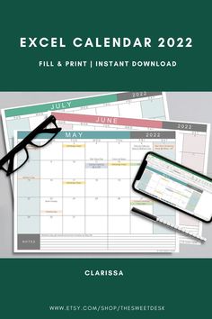 the excel calendar with glasses on top of it, next to an iphone and pen