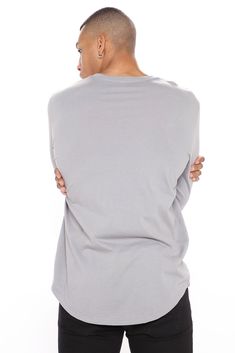 Available In Black, Burgundy, Grey, Navy, Olive And White Crew Neck Long Sleeve 100% Cotton Imported | Mens Essential Long Sleeve Scallop Tee Shirt in Grey size Large by Fashion Nova Relaxed Fit Crew Neck Top For Loungewear, Basic Long Sleeve Tops For Loungewear, Gray Stretch Tops For Loungewear, Basic Long Sleeve T-shirt For Loungewear, Relaxed Fit Tops With Shirttail Hem For Loungewear, Cotton Long Sleeve Tops For Loungewear, Basic Relaxed Fit Top For Loungewear, Gray Relaxed Fit Crew Neck Top, Long Sleeve Relaxed Fit T-shirt For Loungewear