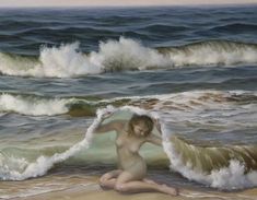 a painting of a woman sitting on the beach with waves crashing in front of her