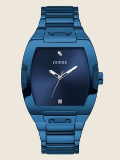 Blue and Diamond Analog Watch | GUESS Modern Blue Rectangular Watch Accessories, Classic Blue Rectangular Watch Accessories, Blue Rectangular Timeless Watch, Timeless Blue Rectangular Watch, Modern Blue Watch With Subdials, Luxury Square Watch With Diamond Hour Markers, Modern Blue Watch Accessories With Metal Dial, Luxury Blue Stainless Steel Watch Accessories, Business Blue Watch Accessories With Polished Finish