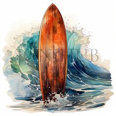 a watercolor painting of a surfboard in the middle of a body of water